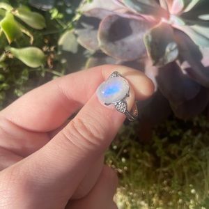 Rainbow Moonstone crystal ring size 8 white bronze